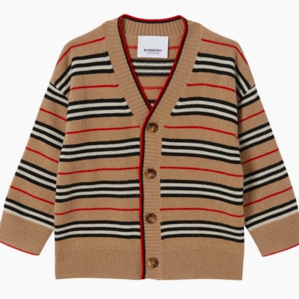 Burberry Boy Tobias Icon Stripe Ribbed Trim Wool Cardigan Top Camel Sz 6 Mth NWT